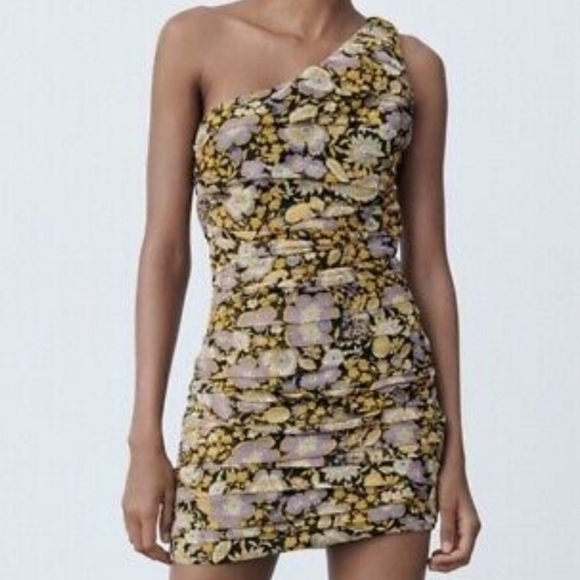 Zara Dresses & Skirts - Zara - Yellow Purple Floral Glitter Drape One Shoulder Bodycon Dress -Size S NWT